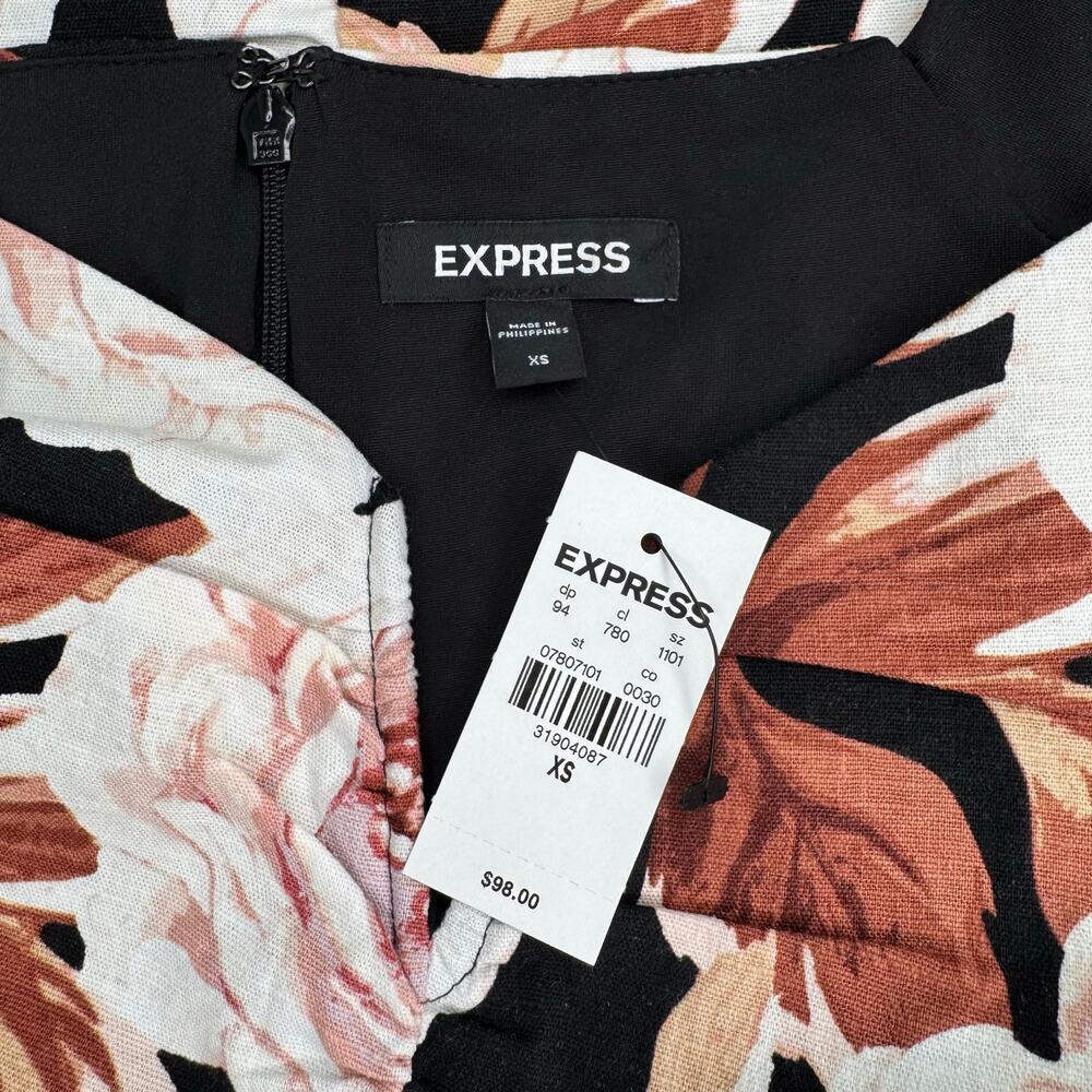 NWT Express Brown/Pink Floral Ruched Mini Dress Size XS Linen Blend Scoop Neck - Picture 12 of 13